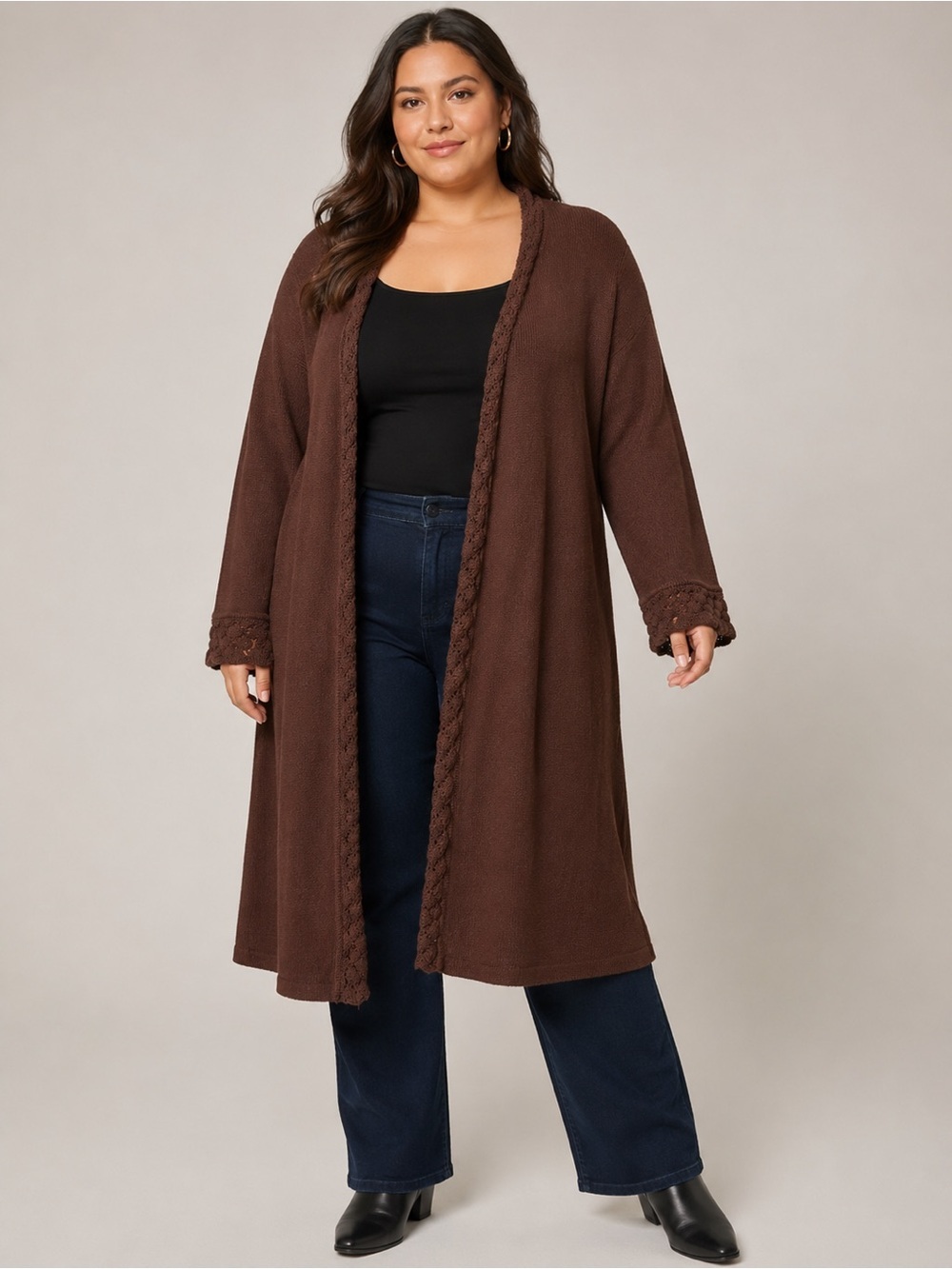 Long Chocolate Brown Knit Cardigan | Size XXL | Open Front